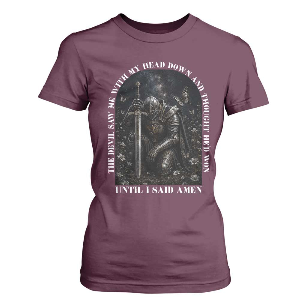 Christian Knight Templar Crusader T Shirt For Women The Devil Saw Me With My Head Down And Thought He'd Won TS12 Maroon Print Your Wear