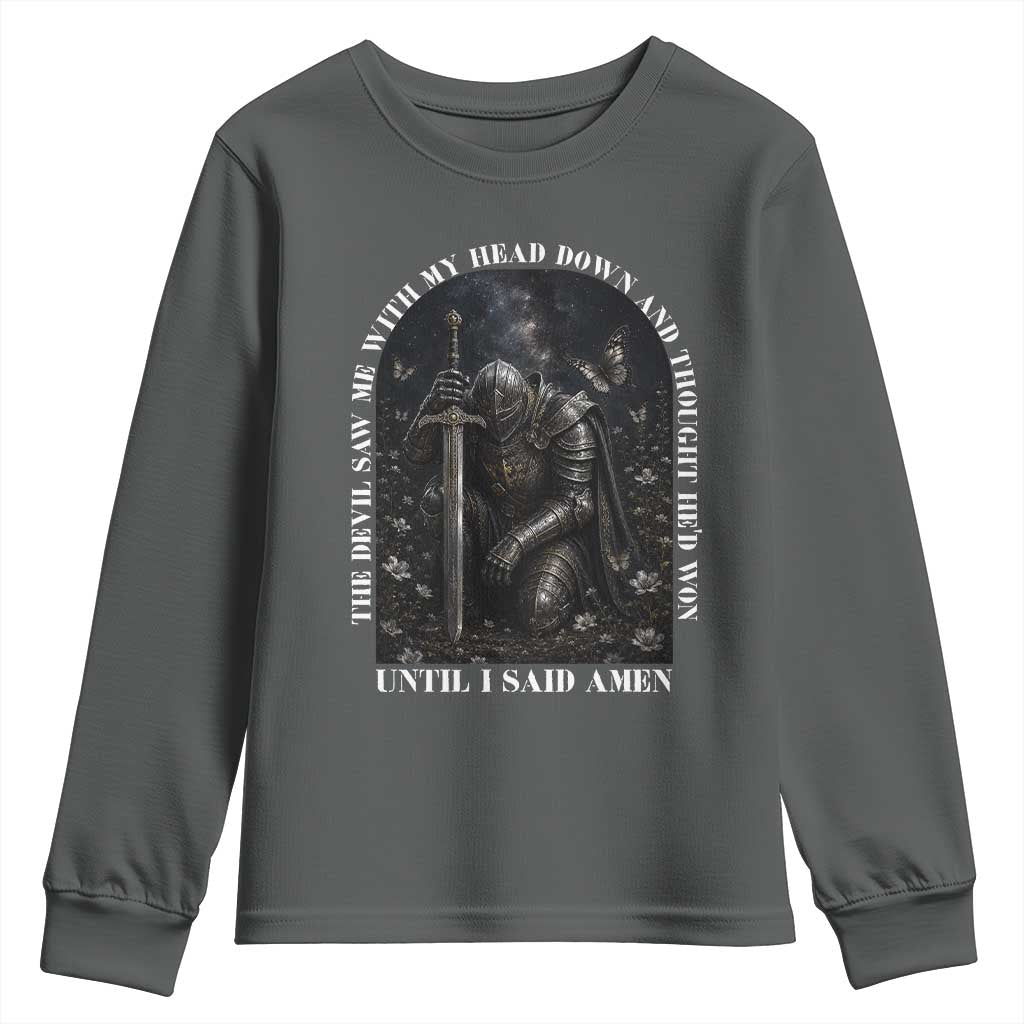 Christian Knight Templar Crusader Youth Sweatshirt The Devil Saw Me With My Head Down And Thought He'd Won TS12 Dark Heather Print Your Wear
