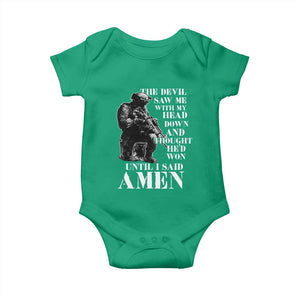 Military Christian Warrior Baby Onesie The Devil Saw Me With My Head Down And Thought He'd Won TS12 Irish Green Print Your Wear