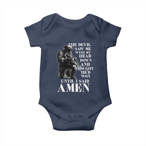 Military Christian Warrior Baby Onesie The Devil Saw Me With My Head Down And Thought He'd Won TS12 Navy Print Your Wear