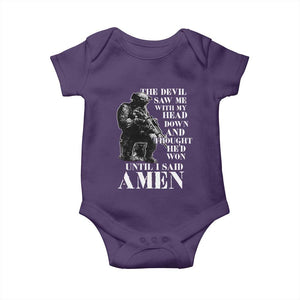 Military Christian Warrior Baby Onesie The Devil Saw Me With My Head Down And Thought He'd Won TS12 Purple Print Your Wear