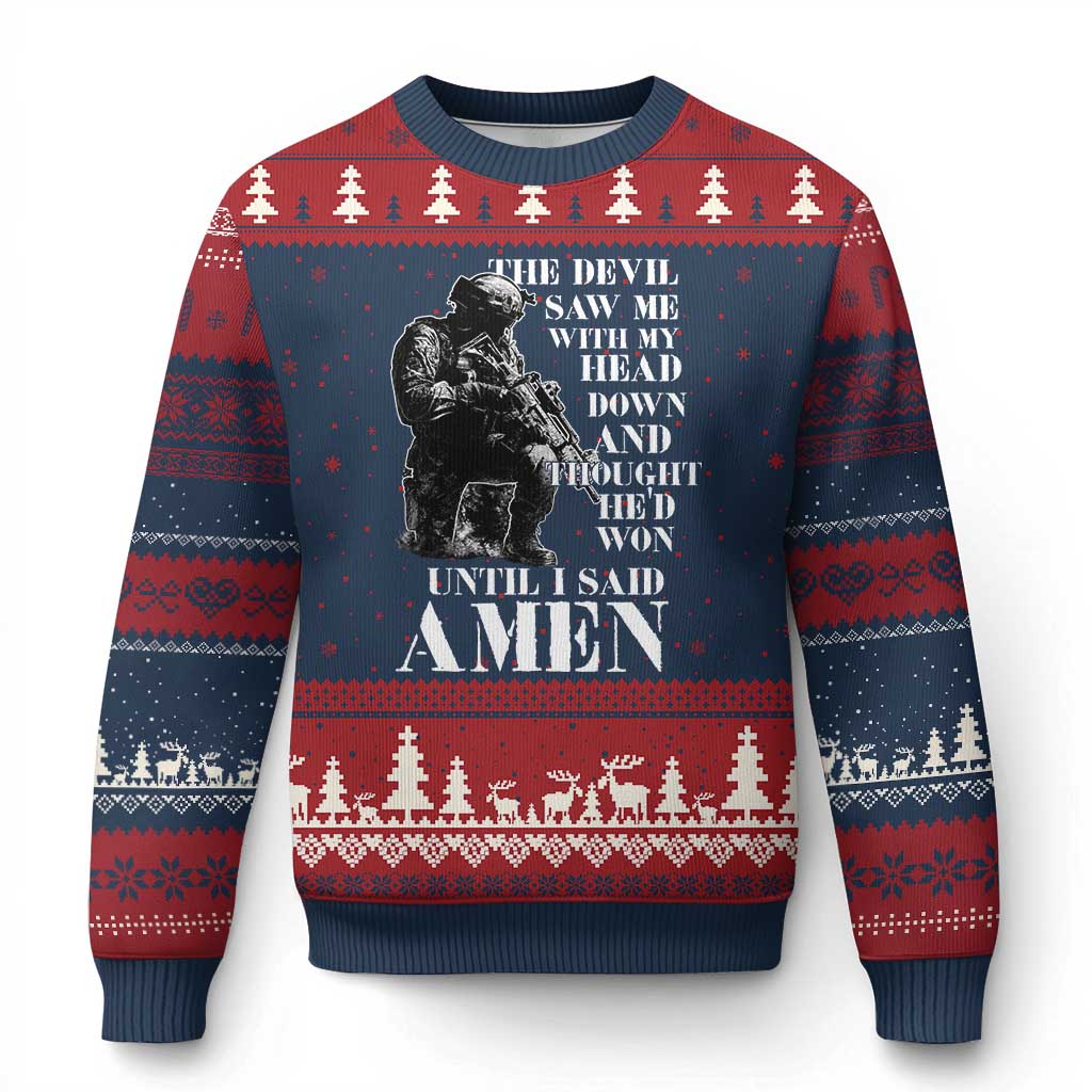 Military Christian Warrior Ugly Christmas Sweater The Devil Saw Me With My Head Down And Thought He'd Won TS12 Navy Red Print Your Wear