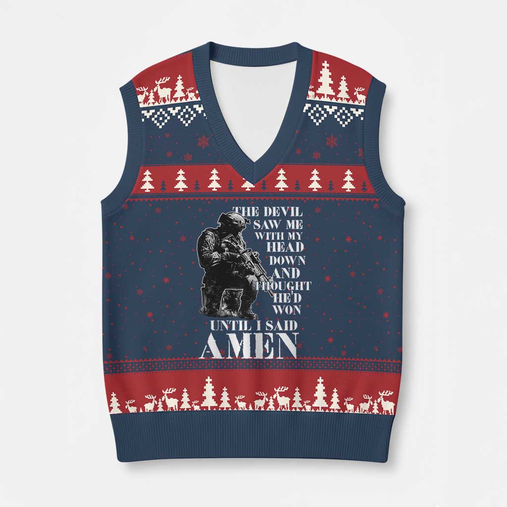 Military Christian Warrior V-Neck Knit Sweater Vest The Devil Saw Me With My Head Down And Thought He'd Won TS12 Navy Red Print Your Wear