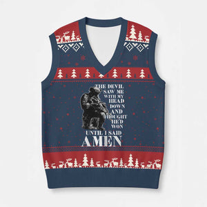 Military Christian Warrior V-Neck Knit Sweater Vest The Devil Saw Me With My Head Down And Thought He'd Won TS12 Navy Red Print Your Wear