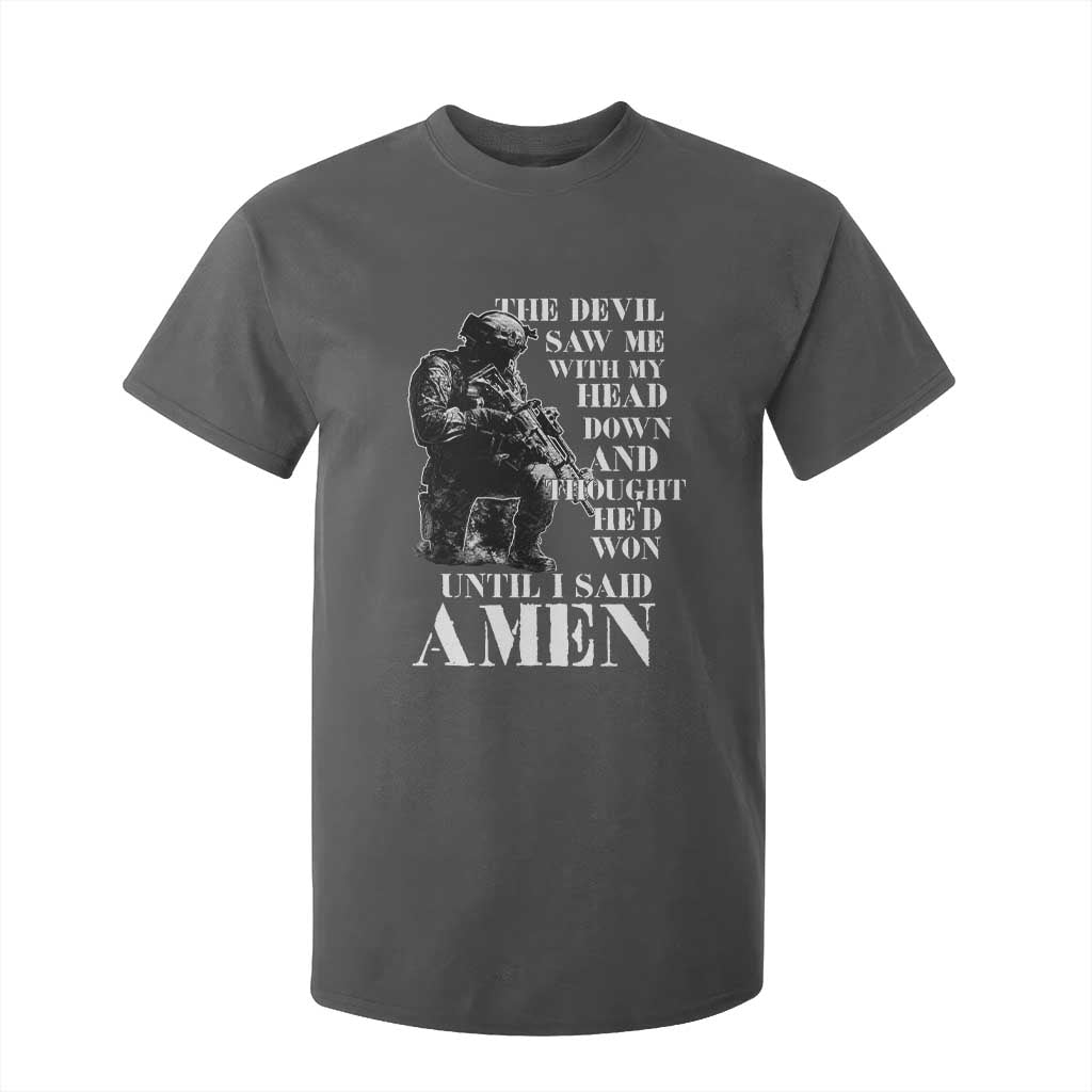 Military Christian Warrior T Shirt For Kid The Devil Saw Me With My Head Down And Thought He'd Won TS12 Dark Heather Print Your Wear