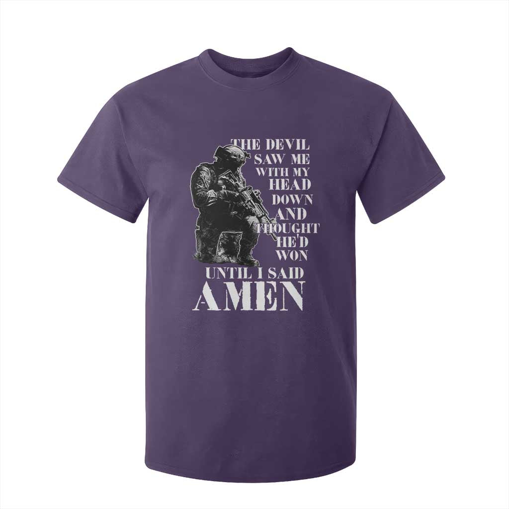 Military Christian Warrior T Shirt For Kid The Devil Saw Me With My Head Down And Thought He'd Won TS12 Purple Print Your Wear