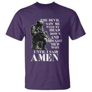 Military Christian Warrior T Shirt The Devil Saw Me With My Head Down And Thought He'd Won TS12 Purple Print Your Wear