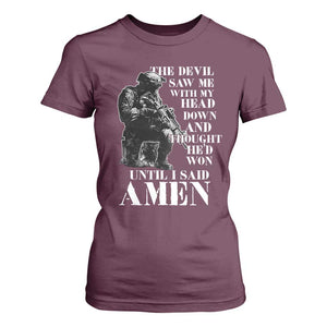 Military Christian Warrior T Shirt For Women The Devil Saw Me With My Head Down And Thought He'd Won TS12 Maroon Print Your Wear
