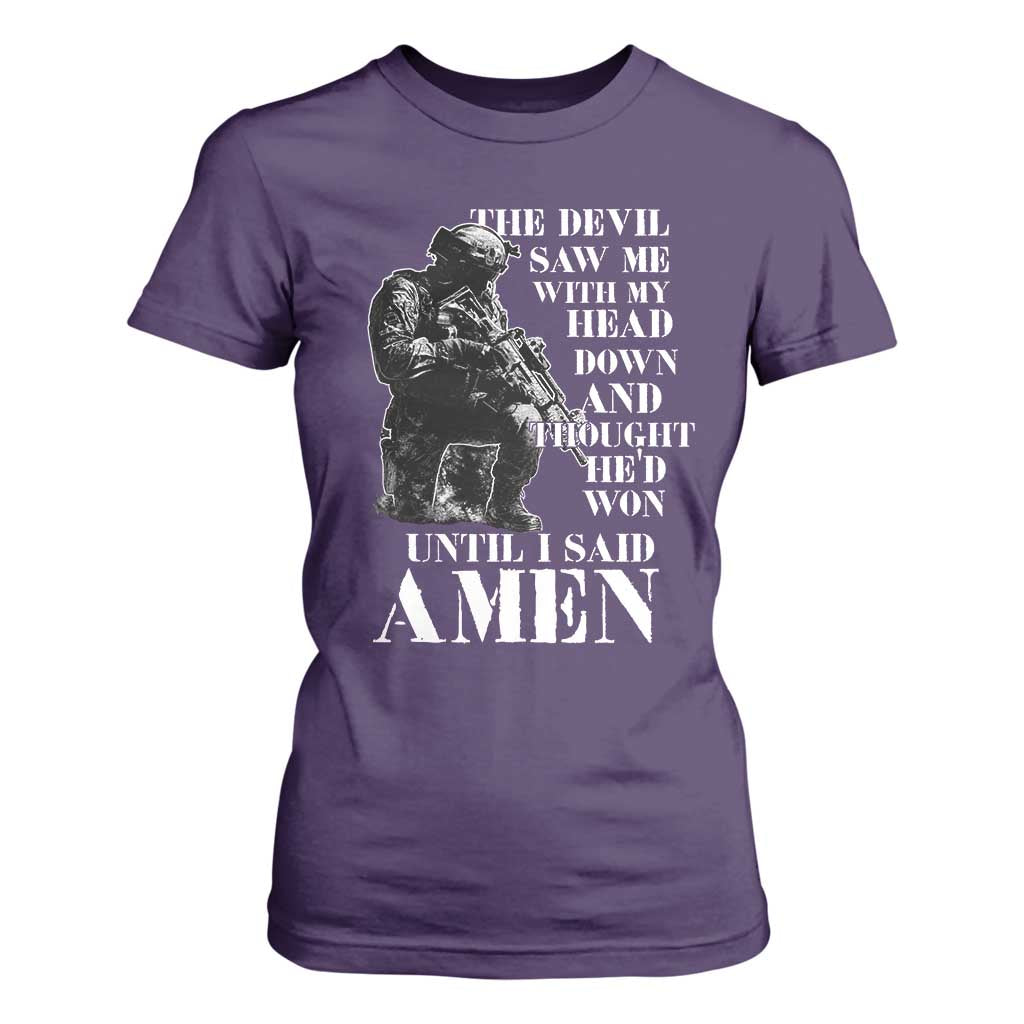 Military Christian Warrior T Shirt For Women The Devil Saw Me With My Head Down And Thought He'd Won TS12 Purple Print Your Wear