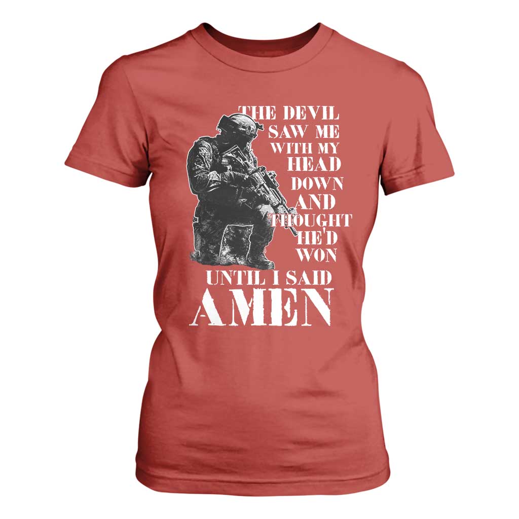 Military Christian Warrior T Shirt For Women The Devil Saw Me With My Head Down And Thought He'd Won TS12 Red Print Your Wear