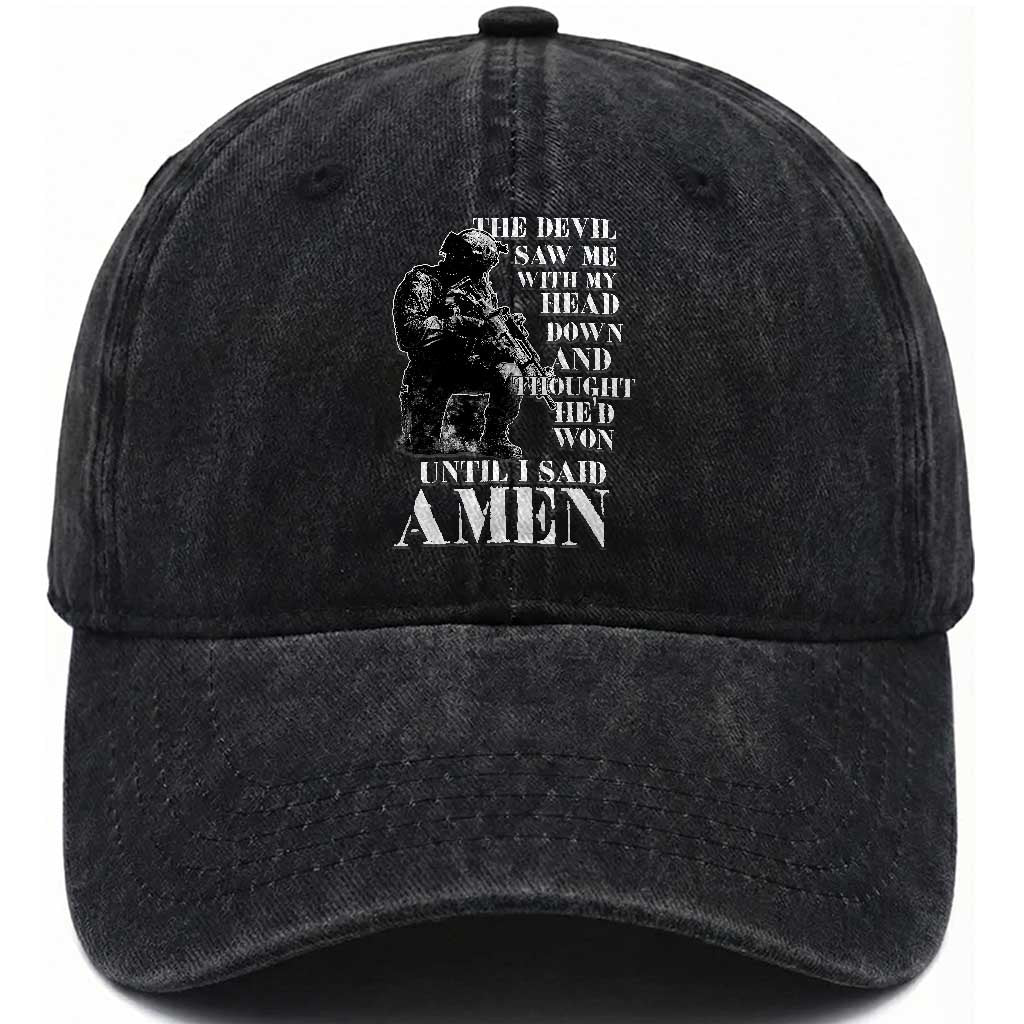 Military Christian Warrior Washed Cotton Baseball Cap The Devil Saw Me With My Head Down And Thought He'd Won TS12 Print Your Wear