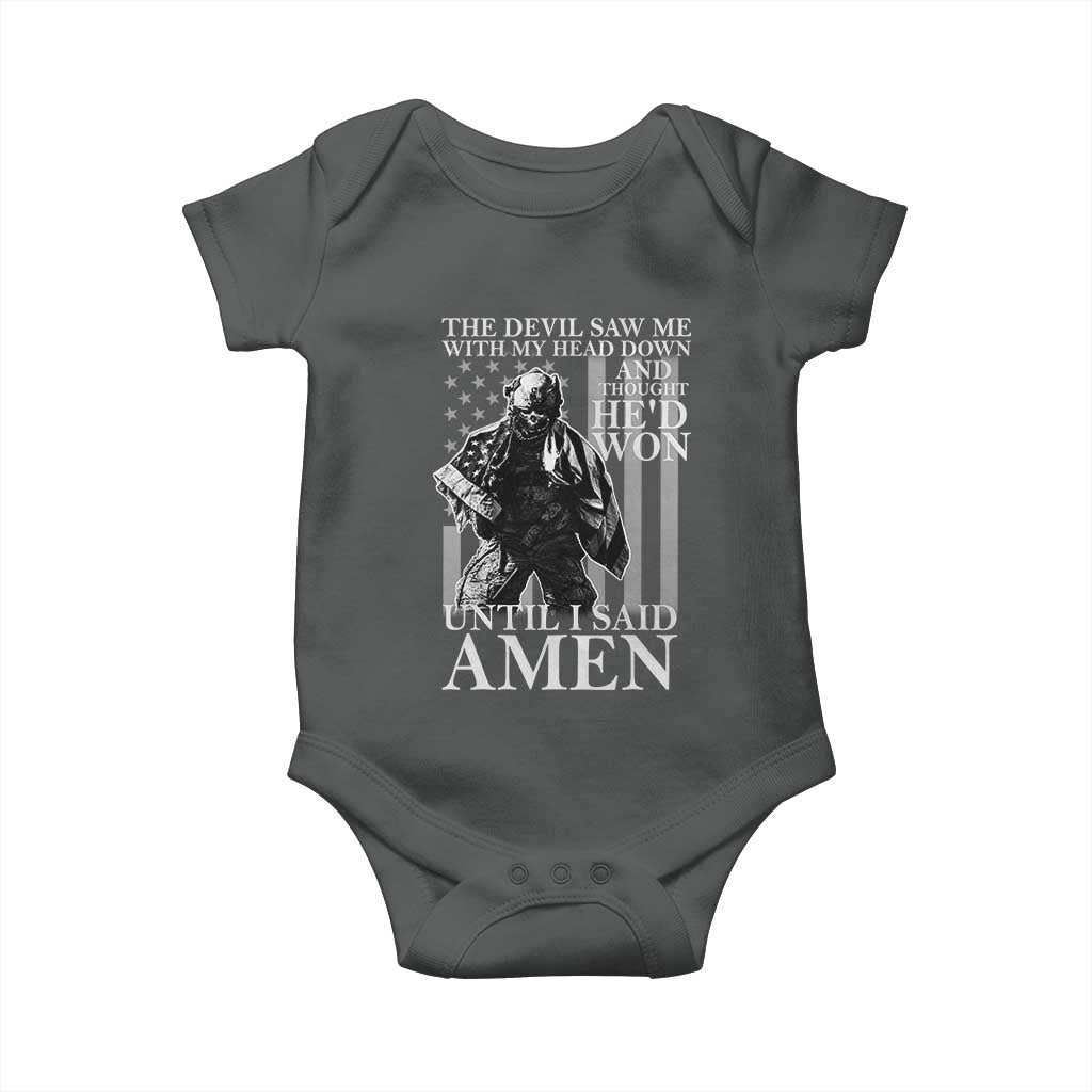 Military Soldier Skull Christian Faith Baby Onesie The Devil Saw Me With My Head Down And Thought He'd Won
