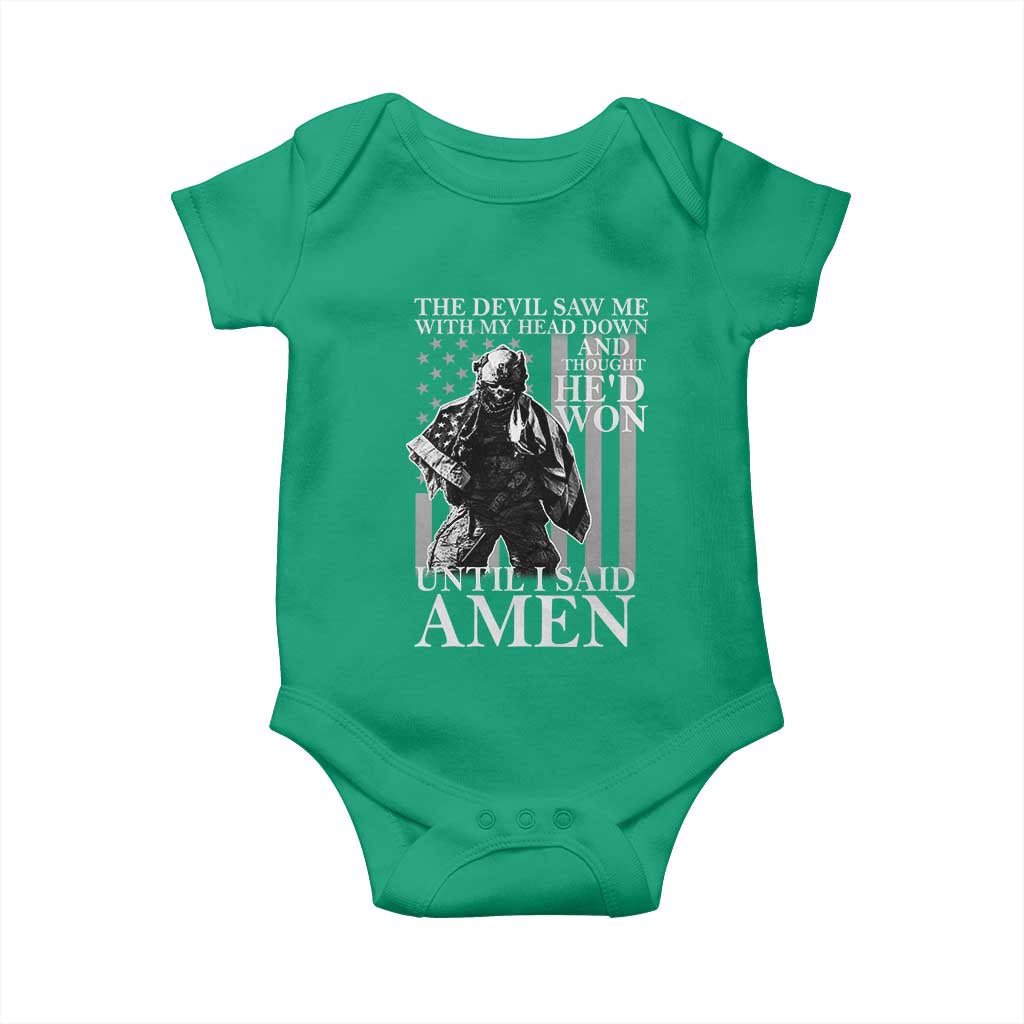 Military Soldier Skull Christian Faith Baby Onesie The Devil Saw Me With My Head Down And Thought He'd Won
