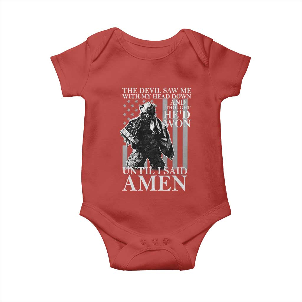 Military Soldier Skull Christian Faith Baby Onesie The Devil Saw Me With My Head Down And Thought He'd Won