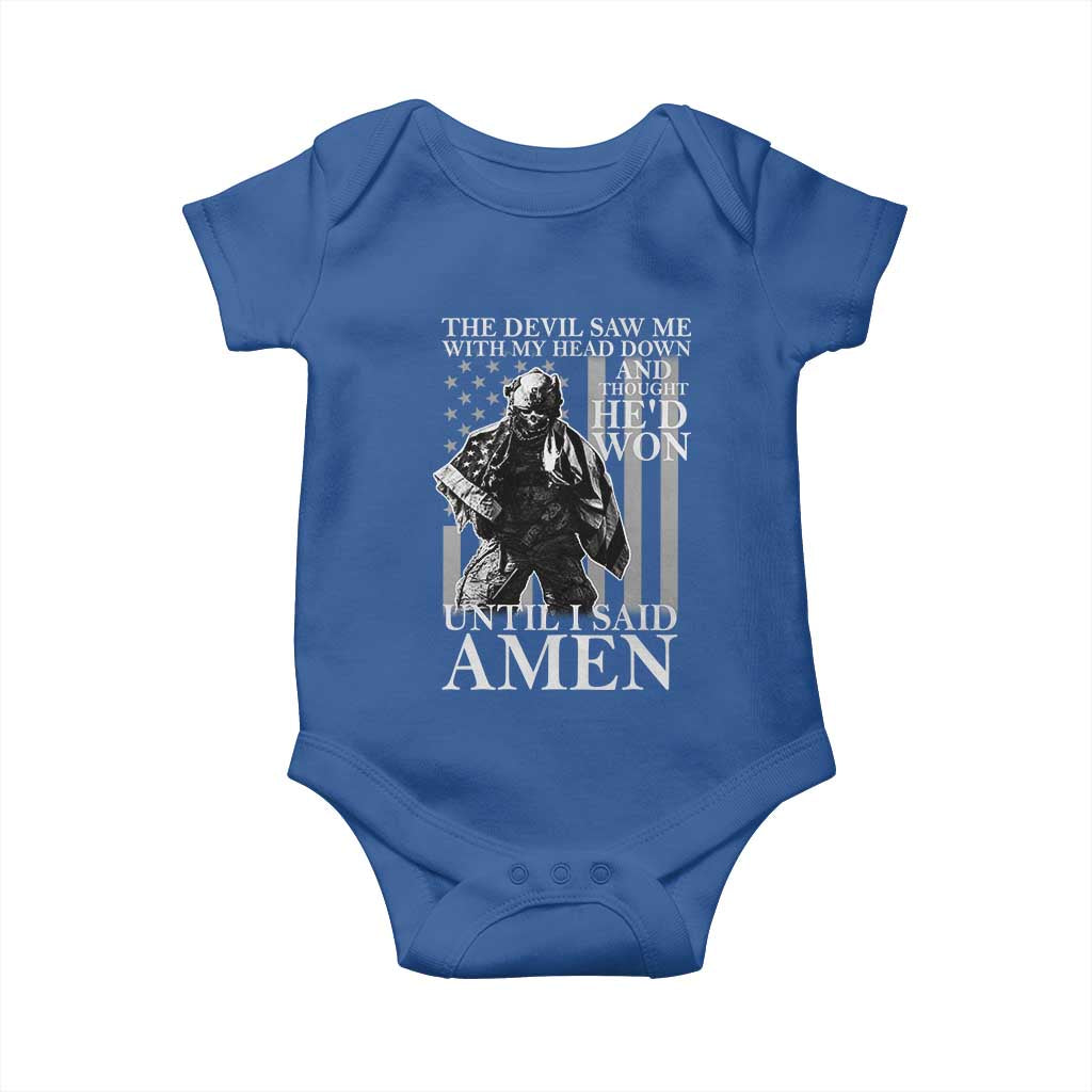 Military Soldier Skull Christian Faith Baby Onesie The Devil Saw Me With My Head Down And Thought He'd Won