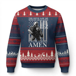 Military Soldier Skull Christian Faith Ugly Christmas Sweater The Devil Saw Me With My Head Down And Thought He'd Won