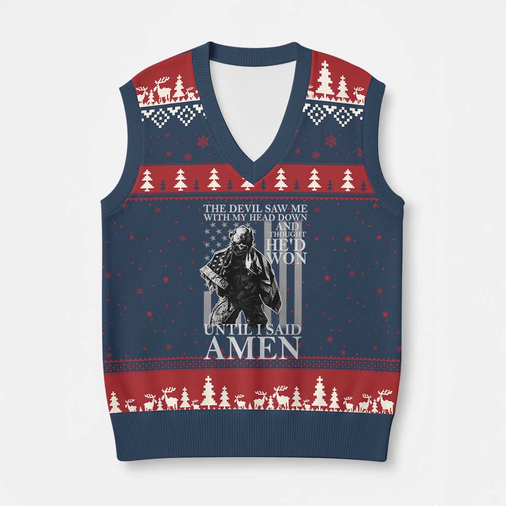 Military Soldier Skull Christian Faith V-Neck Knit Sweater Vest The Devil Saw Me With My Head Down And Thought He'd Won
