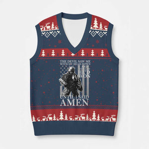 Military Soldier Skull Christian Faith V-Neck Knit Sweater Vest The Devil Saw Me With My Head Down And Thought He'd Won