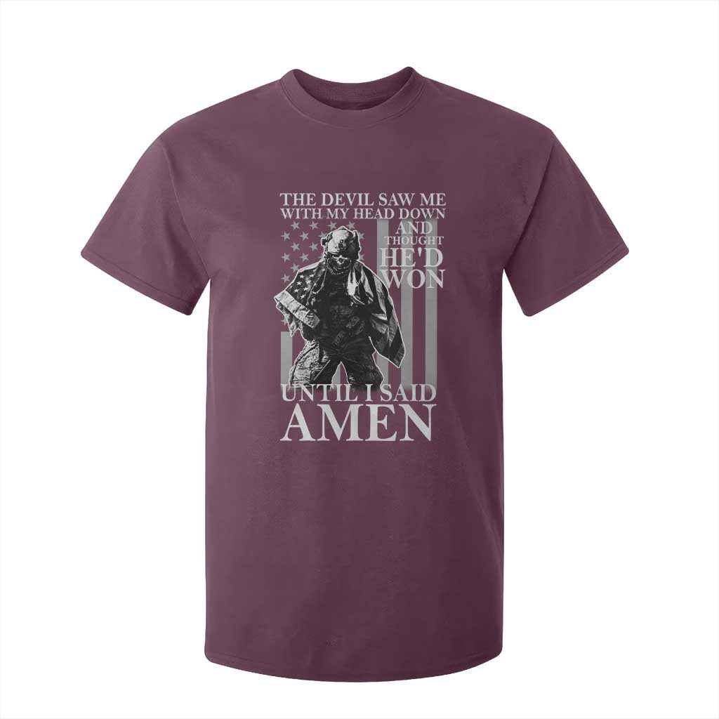 Military Soldier Skull Christian Faith T Shirt For Kid The Devil Saw Me With My Head Down And Thought He'd Won