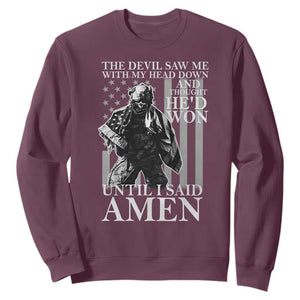Military Soldier Skull Christian Faith Sweatshirt The Devil Saw Me With My Head Down And Thought He'd Won