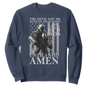 Military Soldier Skull Christian Faith Sweatshirt The Devil Saw Me With My Head Down And Thought He'd Won