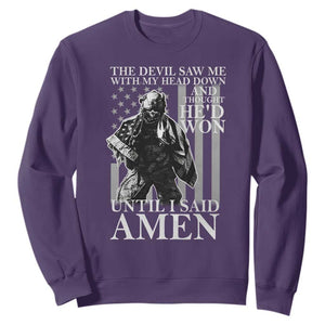 Military Soldier Skull Christian Faith Sweatshirt The Devil Saw Me With My Head Down And Thought He'd Won