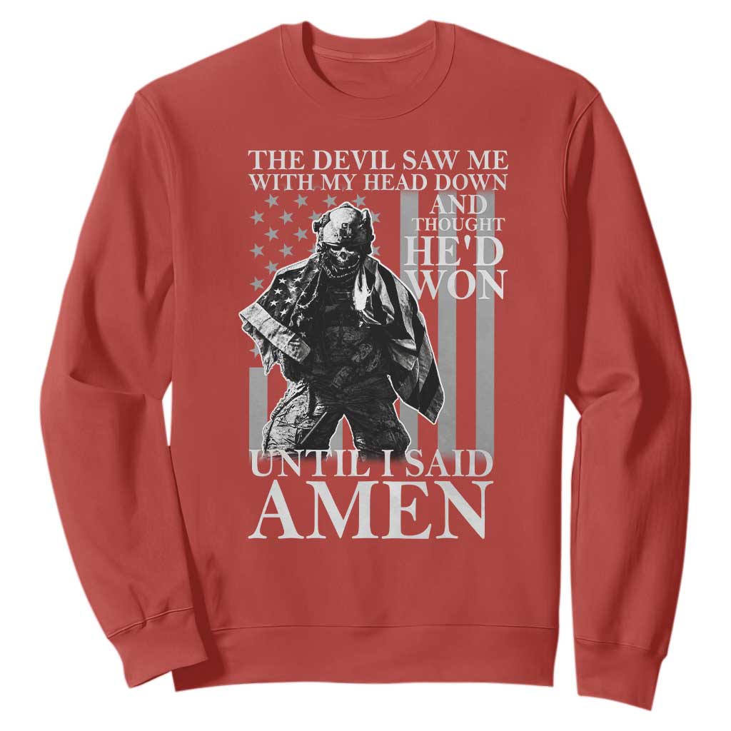 Military Soldier Skull Christian Faith Sweatshirt The Devil Saw Me With My Head Down And Thought He'd Won