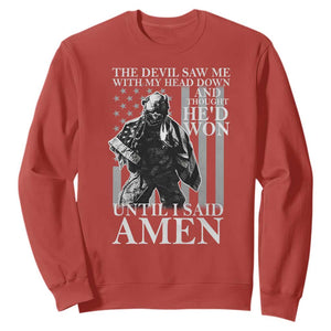 Military Soldier Skull Christian Faith Sweatshirt The Devil Saw Me With My Head Down And Thought He'd Won