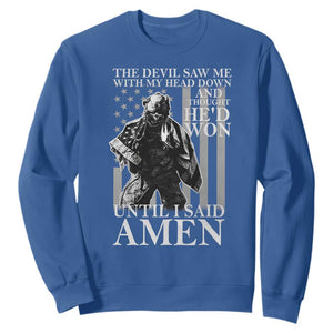 Military Soldier Skull Christian Faith Sweatshirt The Devil Saw Me With My Head Down And Thought He'd Won
