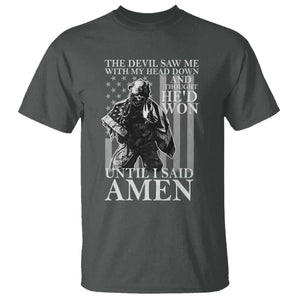 Military Soldier Skull Christian Faith T Shirt The Devil Saw Me With My Head Down And Thought He'd Won