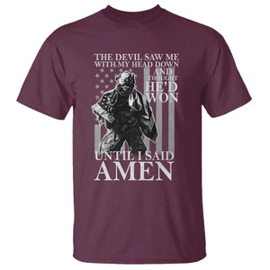 Military Soldier Skull Christian Faith T Shirt The Devil Saw Me With My Head Down And Thought He'd Won