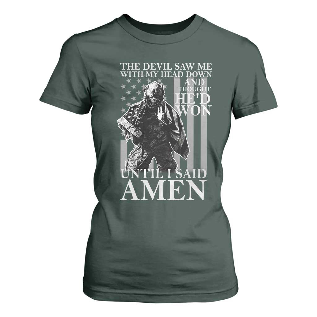 Military Soldier Skull Christian Faith T Shirt For Women The Devil Saw Me With My Head Down And Thought He'd Won