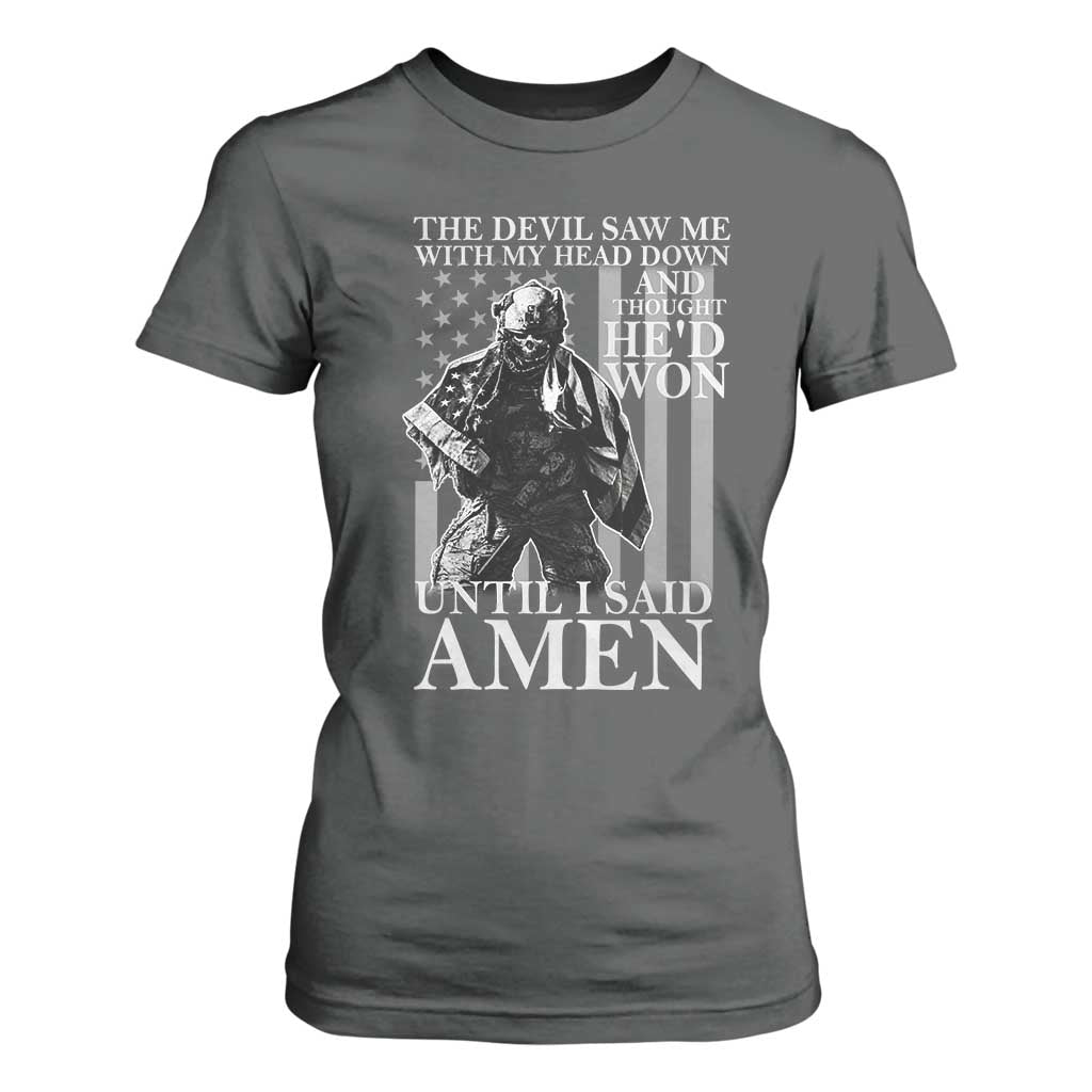 Military Soldier Skull Christian Faith T Shirt For Women The Devil Saw Me With My Head Down And Thought He'd Won
