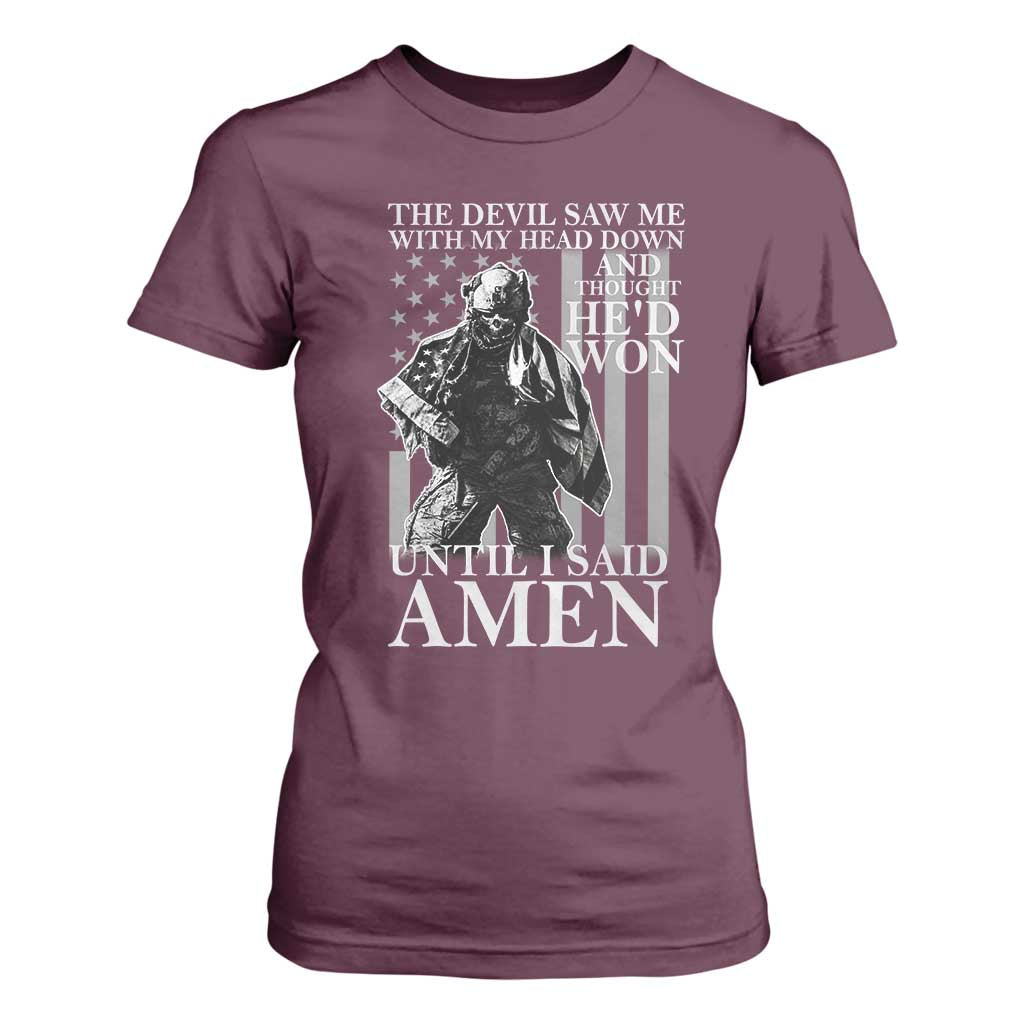 Military Soldier Skull Christian Faith T Shirt For Women The Devil Saw Me With My Head Down And Thought He'd Won