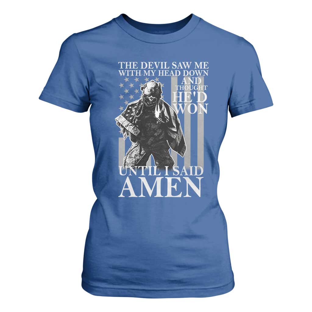 Military Soldier Skull Christian Faith T Shirt For Women The Devil Saw Me With My Head Down And Thought He'd Won