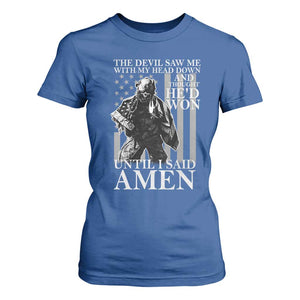 Military Soldier Skull Christian Faith T Shirt For Women The Devil Saw Me With My Head Down And Thought He'd Won