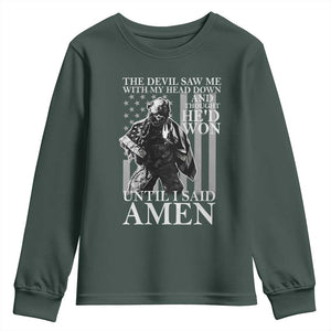 Military Soldier Skull Christian Faith Youth Sweatshirt The Devil Saw Me With My Head Down And Thought He'd Won