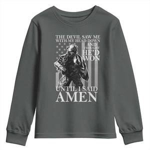 Military Soldier Skull Christian Faith Youth Sweatshirt The Devil Saw Me With My Head Down And Thought He'd Won