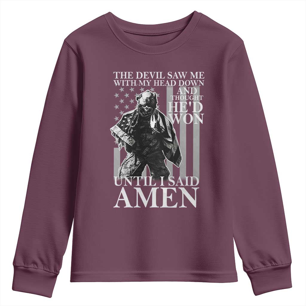 Military Soldier Skull Christian Faith Youth Sweatshirt The Devil Saw Me With My Head Down And Thought He'd Won