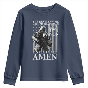 Military Soldier Skull Christian Faith Youth Sweatshirt The Devil Saw Me With My Head Down And Thought He'd Won
