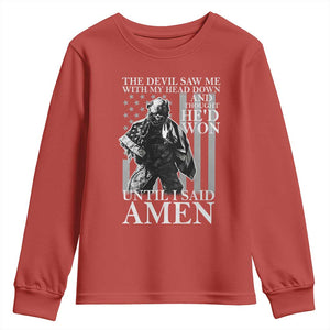 Military Soldier Skull Christian Faith Youth Sweatshirt The Devil Saw Me With My Head Down And Thought He'd Won