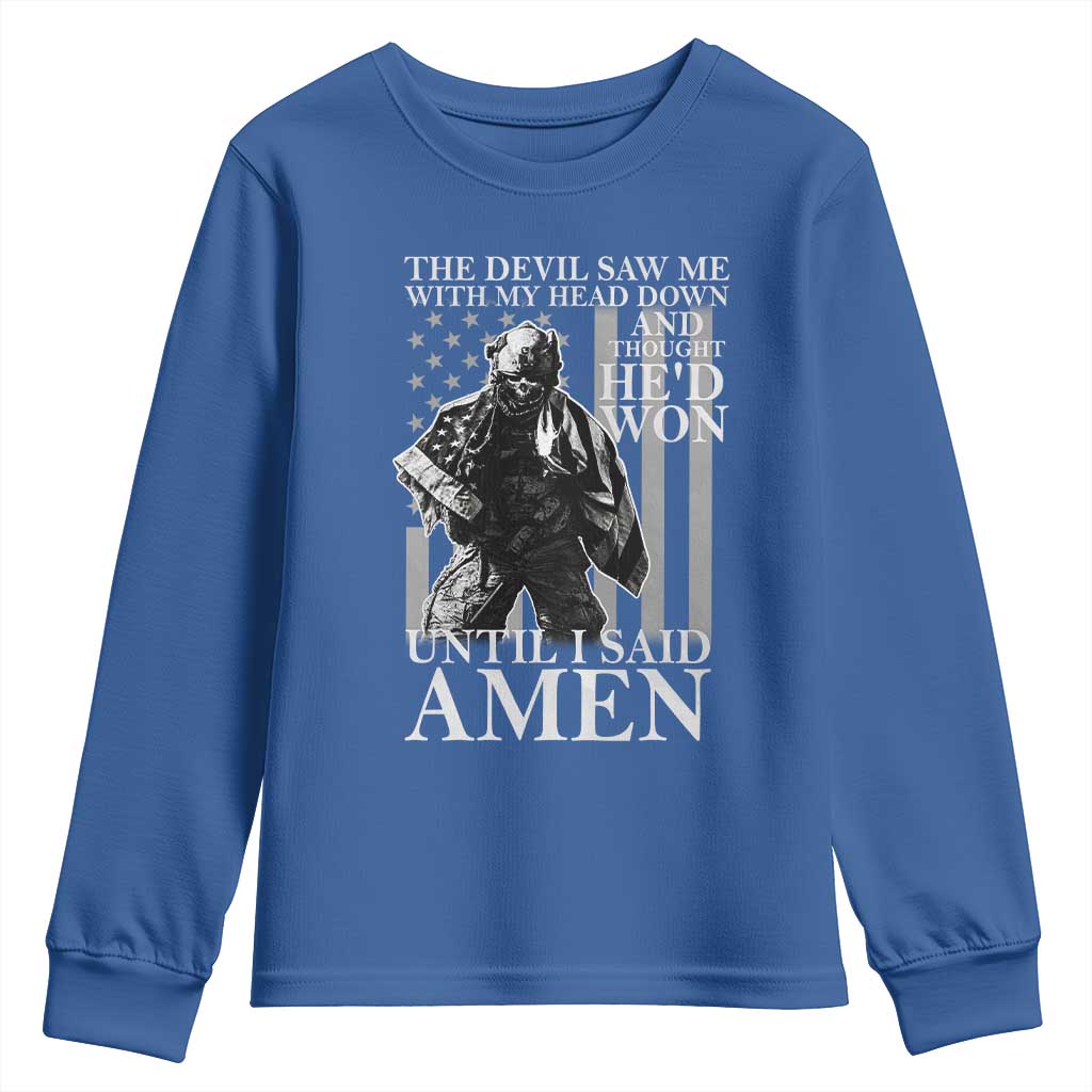 Military Soldier Skull Christian Faith Youth Sweatshirt The Devil Saw Me With My Head Down And Thought He'd Won