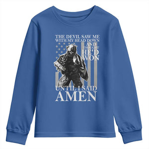 Military Soldier Skull Christian Faith Youth Sweatshirt The Devil Saw Me With My Head Down And Thought He'd Won