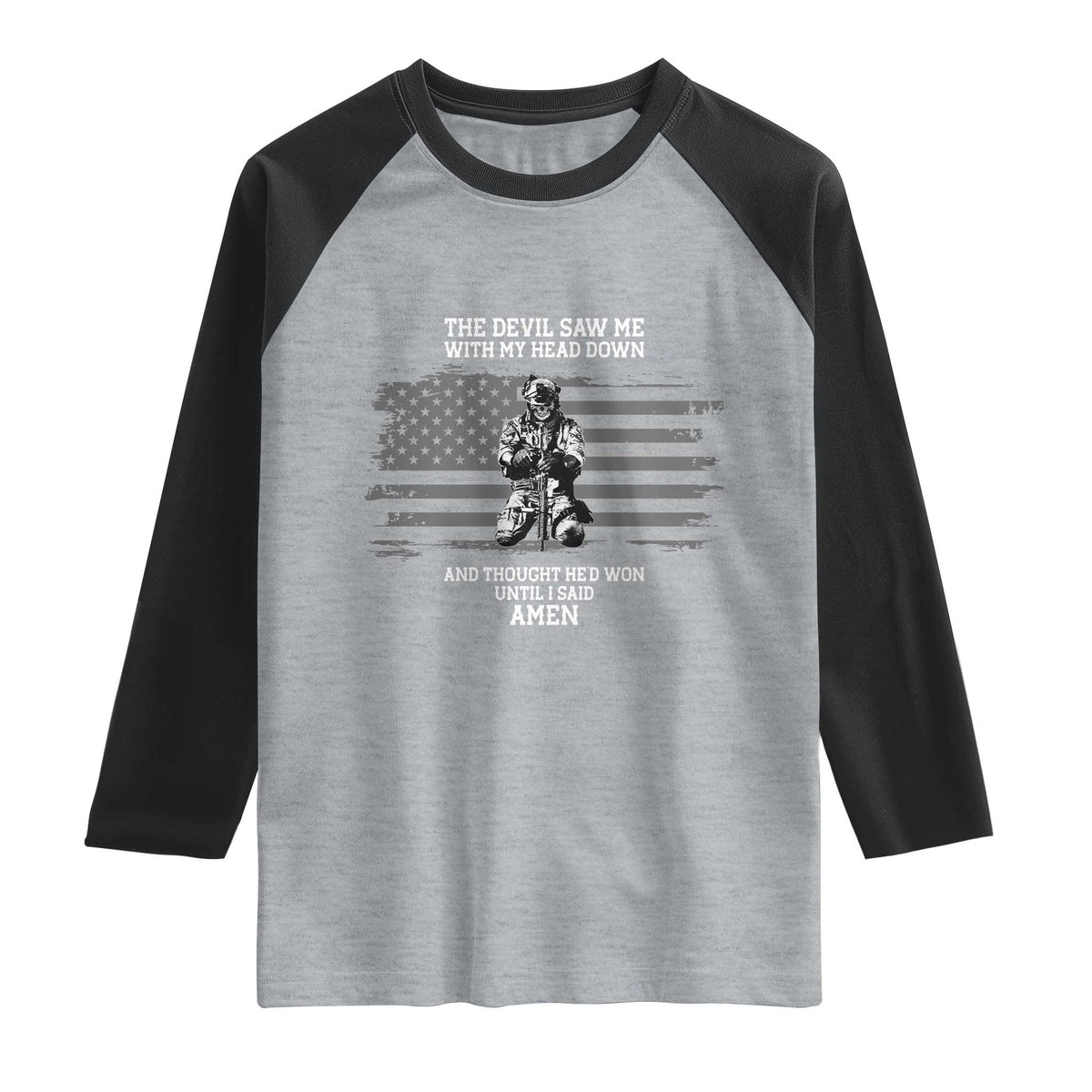 Soldier Skull Christian Faith Quote Raglan Shirt The Devil Saw Me With My Head Down And Thought He'd Won TS12 Heather Gray Black Print Your Wear