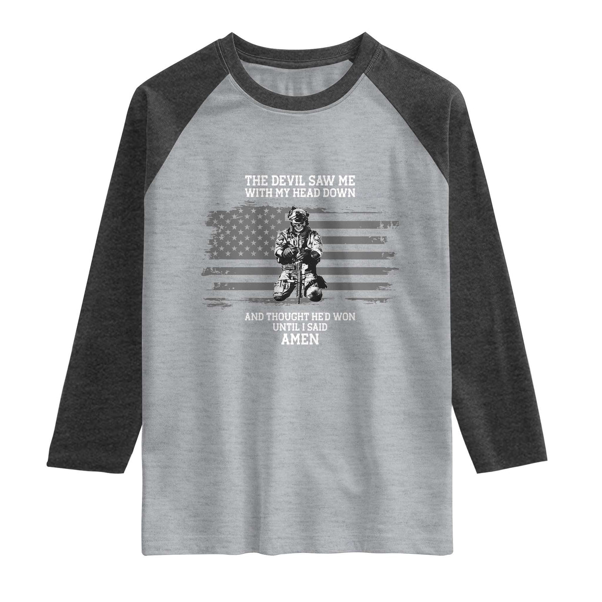Soldier Skull Christian Faith Quote Raglan Shirt The Devil Saw Me With My Head Down And Thought He'd Won TS12 Heather Gray Heather Charcoal Print Your Wear