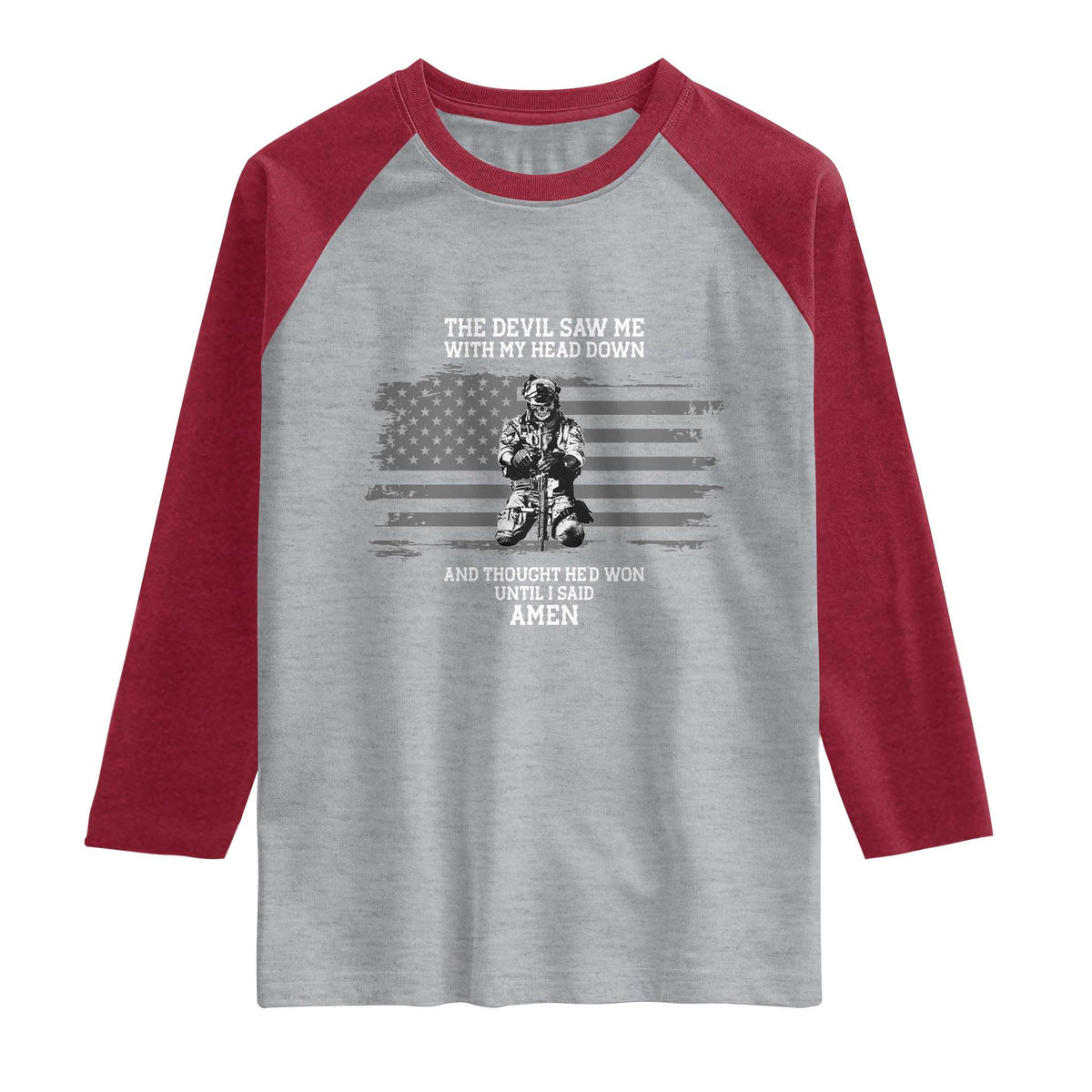 Soldier Skull Christian Faith Quote Raglan Shirt The Devil Saw Me With My Head Down And Thought He'd Won TS12 Heather Gray Heather Red Print Your Wear