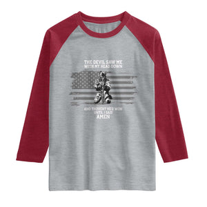 Soldier Skull Christian Faith Quote Raglan Shirt The Devil Saw Me With My Head Down And Thought He'd Won TS12 Heather Gray Heather Red Print Your Wear