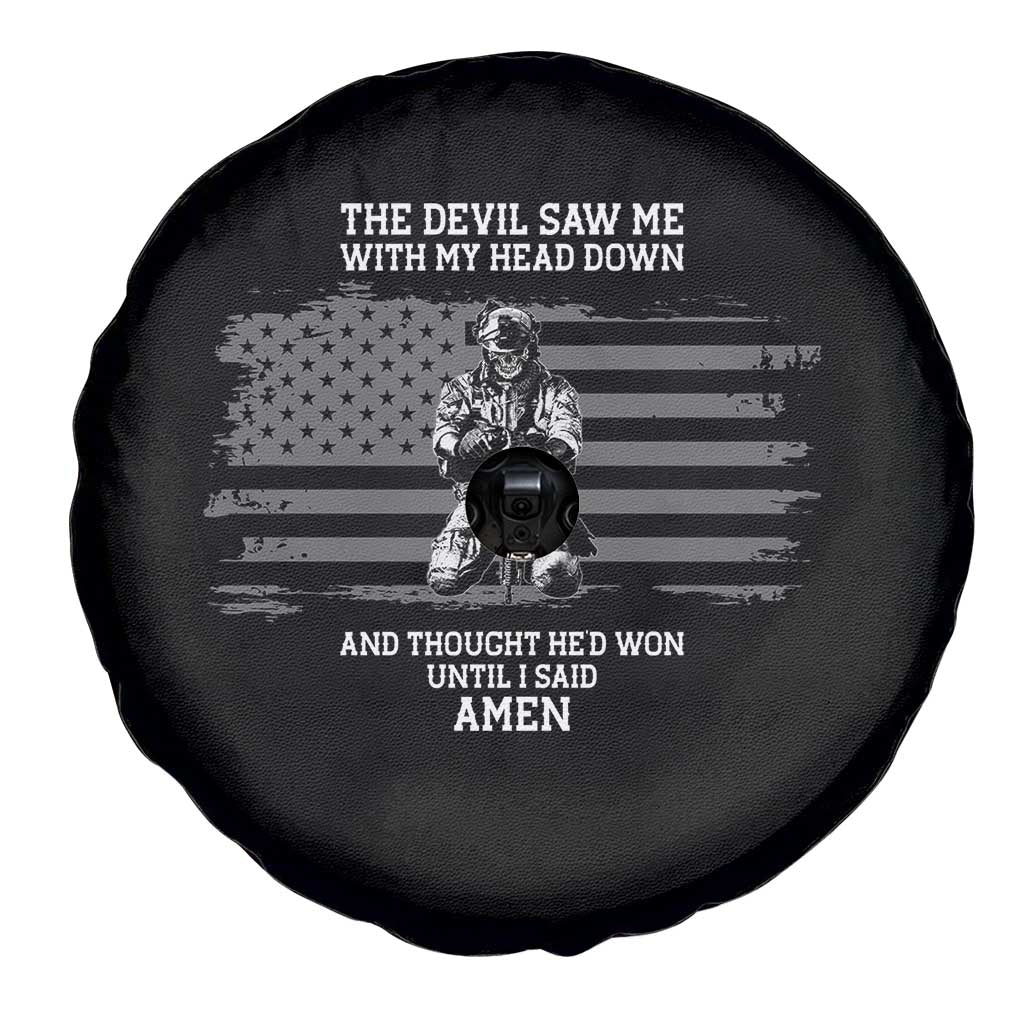 Soldier Skull Christian Faith Quote Spare Tire Cover The Devil Saw Me With My Head Down And Thought He'd Won TS12 Print Your Wear