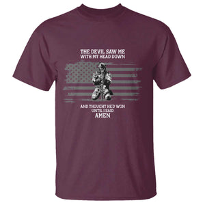Soldier Skull Christian Faith Quote T Shirt The Devil Saw Me With My Head Down And Thought He'd Won TS12 Maroon Print Your Wear