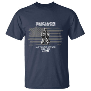 Soldier Skull Christian Faith Quote T Shirt The Devil Saw Me With My Head Down And Thought He'd Won TS12 Navy Print Your Wear
